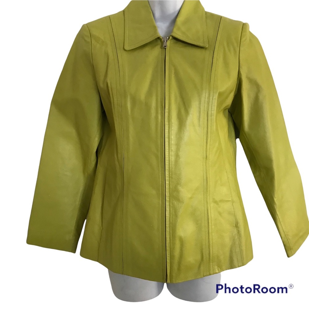 Leather Jacket Lime Green Zip front w/2 Pockets PETITE Small Chartreuse
